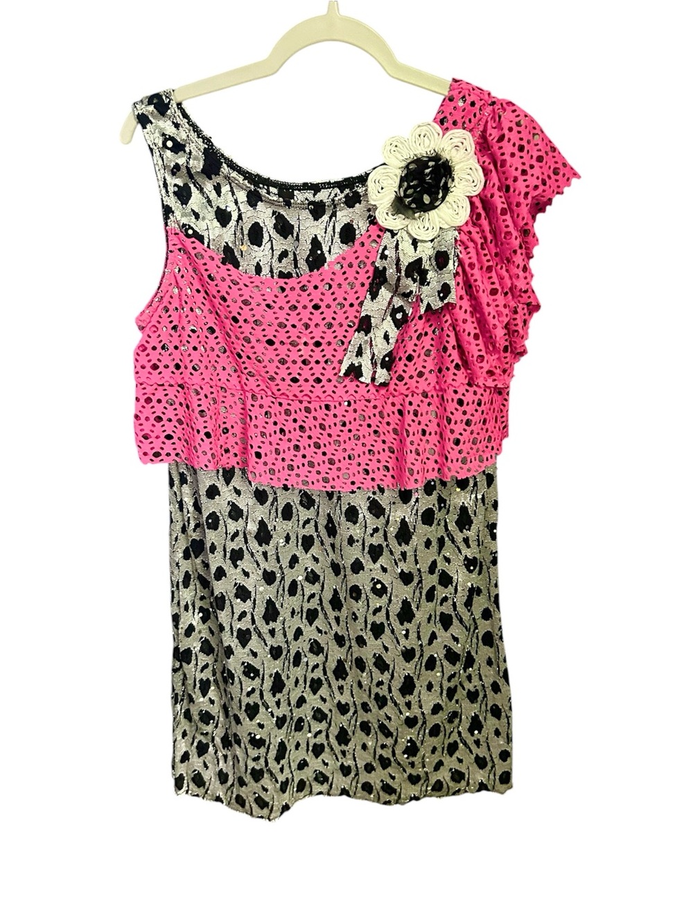 Revolution Dancewear Sparkle Silver Black Upper Pink Overlay Bow Dress Size SA